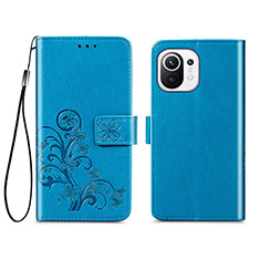 Coque Portefeuille Fleurs Livre Cuir Etui Clapet pour Xiaomi Mi 11 Lite 5G Bleu