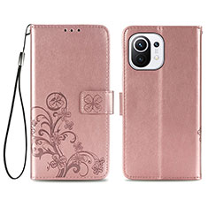 Coque Portefeuille Fleurs Livre Cuir Etui Clapet pour Xiaomi Mi 11 Lite 5G NE Rose