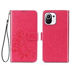 Coque Portefeuille Fleurs Livre Cuir Etui Clapet pour Xiaomi Mi 11 Lite 5G NE Rouge