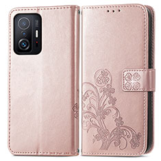 Coque Portefeuille Fleurs Livre Cuir Etui Clapet pour Xiaomi Mi 11T 5G Rose