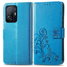 Coque Portefeuille Fleurs Livre Cuir Etui Clapet pour Xiaomi Mi 11T Pro 5G Bleu