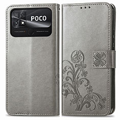 Coque Portefeuille Fleurs Livre Cuir Etui Clapet pour Xiaomi Poco C40 Gris