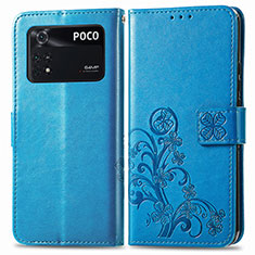 Coque Portefeuille Fleurs Livre Cuir Etui Clapet pour Xiaomi Poco M4 Pro 4G Bleu