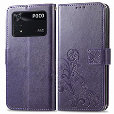 Coque Portefeuille Fleurs Livre Cuir Etui Clapet pour Xiaomi Poco M4 Pro 4G Violet