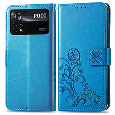 Coque Portefeuille Fleurs Livre Cuir Etui Clapet pour Xiaomi Poco X4 Pro 5G Bleu