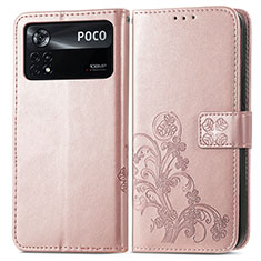 Coque Portefeuille Fleurs Livre Cuir Etui Clapet pour Xiaomi Poco X4 Pro 5G Rose