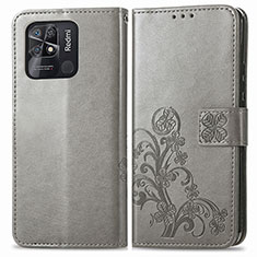 Coque Portefeuille Fleurs Livre Cuir Etui Clapet pour Xiaomi Redmi 10 India Gris