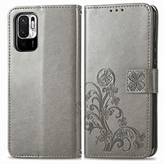 Coque Portefeuille Fleurs Livre Cuir Etui Clapet pour Xiaomi Redmi Note 10 5G Gris