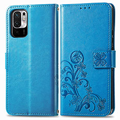 Coque Portefeuille Fleurs Livre Cuir Etui Clapet pour Xiaomi Redmi Note 10T 5G Bleu