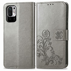 Coque Portefeuille Fleurs Livre Cuir Etui Clapet pour Xiaomi Redmi Note 10T 5G Gris