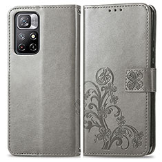 Coque Portefeuille Fleurs Livre Cuir Etui Clapet pour Xiaomi Redmi Note 11S 5G Gris