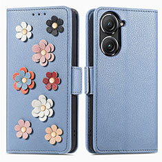 Coque Portefeuille Fleurs Livre Cuir Etui Clapet S02D pour Asus Zenfone 9 Bleu