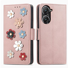 Coque Portefeuille Fleurs Livre Cuir Etui Clapet S02D pour Asus Zenfone 9 Or Rose