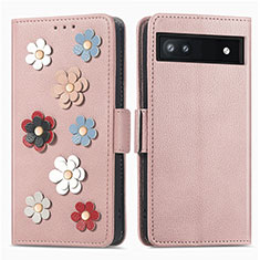 Coque Portefeuille Fleurs Livre Cuir Etui Clapet S02D pour Google Pixel 6a 5G Or Rose