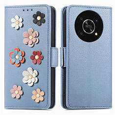 Coque Portefeuille Fleurs Livre Cuir Etui Clapet S02D pour Huawei Enjoy 50 Pro Bleu