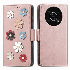 Coque Portefeuille Fleurs Livre Cuir Etui Clapet S02D pour Huawei Honor Magic4 Lite 5G Or Rose