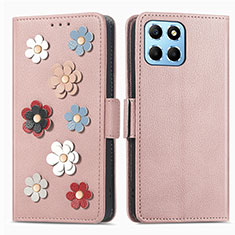 Coque Portefeuille Fleurs Livre Cuir Etui Clapet S02D pour Huawei Honor X6 5G Or Rose