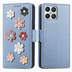 Coque Portefeuille Fleurs Livre Cuir Etui Clapet S02D pour Huawei Honor X8 4G Bleu