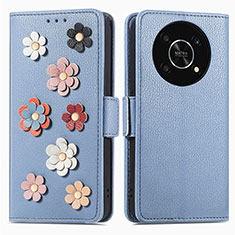 Coque Portefeuille Fleurs Livre Cuir Etui Clapet S02D pour Huawei Honor X9 5G Bleu