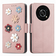 Coque Portefeuille Fleurs Livre Cuir Etui Clapet S02D pour Huawei Honor X9 5G Or Rose