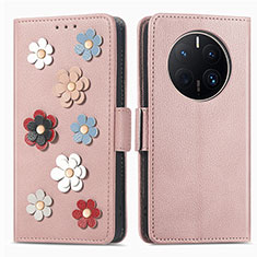 Coque Portefeuille Fleurs Livre Cuir Etui Clapet S02D pour Huawei Mate 50 Pro Or Rose