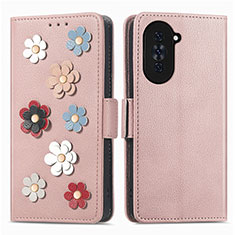 Coque Portefeuille Fleurs Livre Cuir Etui Clapet S02D pour Huawei Nova 10 Or Rose