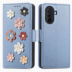 Coque Portefeuille Fleurs Livre Cuir Etui Clapet S02D pour Huawei Nova Y70 Bleu