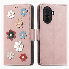 Coque Portefeuille Fleurs Livre Cuir Etui Clapet S02D pour Huawei Nova Y70 Or Rose