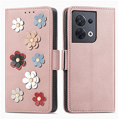 Coque Portefeuille Fleurs Livre Cuir Etui Clapet S02D pour Oppo Reno9 Pro 5G Or Rose