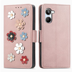 Coque Portefeuille Fleurs Livre Cuir Etui Clapet S02D pour Realme 10 4G Or Rose