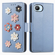 Coque Portefeuille Fleurs Livre Cuir Etui Clapet S02D pour Realme C30s Bleu