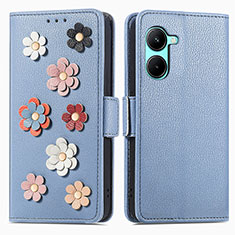 Coque Portefeuille Fleurs Livre Cuir Etui Clapet S02D pour Realme C33 (2023) Bleu