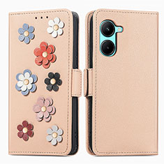 Coque Portefeuille Fleurs Livre Cuir Etui Clapet S02D pour Realme C33 (2023) Kaki