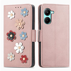 Coque Portefeuille Fleurs Livre Cuir Etui Clapet S02D pour Realme C33 (2023) Or Rose