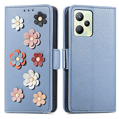 Coque Portefeuille Fleurs Livre Cuir Etui Clapet S02D pour Realme C35 Bleu