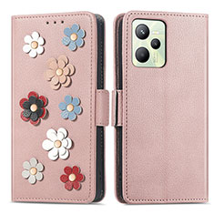 Coque Portefeuille Fleurs Livre Cuir Etui Clapet S02D pour Realme C35 Or Rose