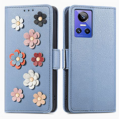 Coque Portefeuille Fleurs Livre Cuir Etui Clapet S02D pour Realme GT Neo3 5G Bleu