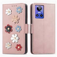 Coque Portefeuille Fleurs Livre Cuir Etui Clapet S02D pour Realme GT Neo3 5G Or Rose