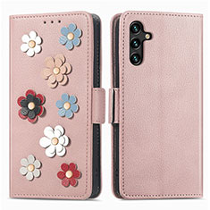 Coque Portefeuille Fleurs Livre Cuir Etui Clapet S02D pour Samsung Galaxy A04s Or Rose