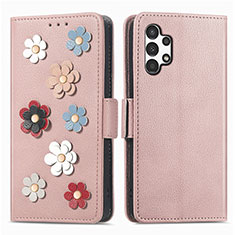 Coque Portefeuille Fleurs Livre Cuir Etui Clapet S02D pour Samsung Galaxy A13 4G Or Rose