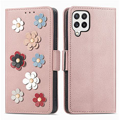 Coque Portefeuille Fleurs Livre Cuir Etui Clapet S02D pour Samsung Galaxy A22 4G Or Rose