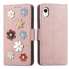 Coque Portefeuille Fleurs Livre Cuir Etui Clapet S02D pour Samsung Galaxy A22 5G SC-56B Or Rose