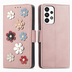 Coque Portefeuille Fleurs Livre Cuir Etui Clapet S02D pour Samsung Galaxy A33 5G Or Rose