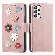 Coque Portefeuille Fleurs Livre Cuir Etui Clapet S02D pour Samsung Galaxy A52 4G Or Rose