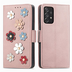 Coque Portefeuille Fleurs Livre Cuir Etui Clapet S02D pour Samsung Galaxy A72 4G Or Rose