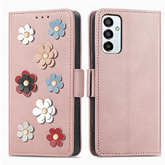 Coque Portefeuille Fleurs Livre Cuir Etui Clapet S02D pour Samsung Galaxy F23 5G Or Rose