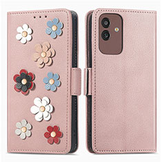 Coque Portefeuille Fleurs Livre Cuir Etui Clapet S02D pour Samsung Galaxy M13 5G Or Rose