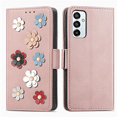 Coque Portefeuille Fleurs Livre Cuir Etui Clapet S02D pour Samsung Galaxy M23 5G Or Rose
