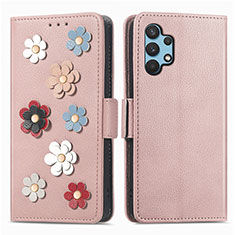 Coque Portefeuille Fleurs Livre Cuir Etui Clapet S02D pour Samsung Galaxy M32 5G Or Rose