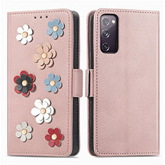 Coque Portefeuille Fleurs Livre Cuir Etui Clapet S02D pour Samsung Galaxy S20 FE 5G Or Rose